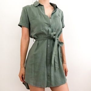 Olive Green Tie Waist Button Dress